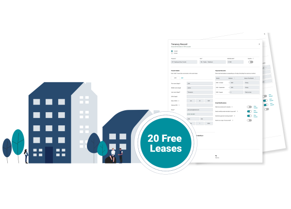 Custom FrontLobby image of an apartment and home with Arizona tenants outside and a tenant record report with a circular icon with the words "20 Free Leases" inside it. The image represents 20 free leases for new landlords and property managers starting rent reporting.