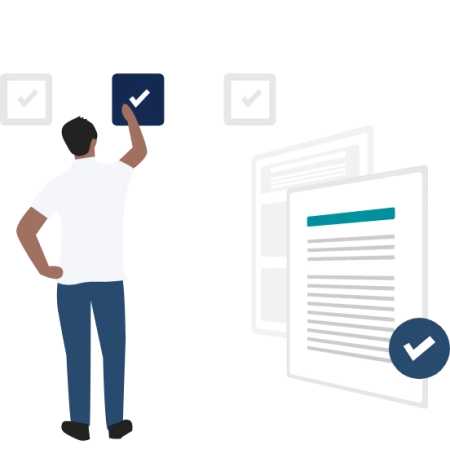 Benefits of rent reporting for Michigan landlords and property managers. Custom FrontLobby image of landlord touching a checkmark next to rent reporting document with checkmark.