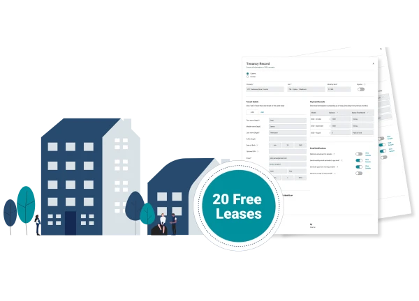 Custom FrontLobby image of an apartment and home with Ohio tenants outside and a tenant record report with a circular icon with the words "20 Free Leases" inside it. The image represents 20 free leases for new landlords and property managers starting rent reporting.