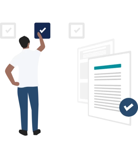 Benefits of rent reporting for Alberta landlords and property managers. Custom FrontLobby image of landlord touching a checkmark next to rent reporting document with checkmark.