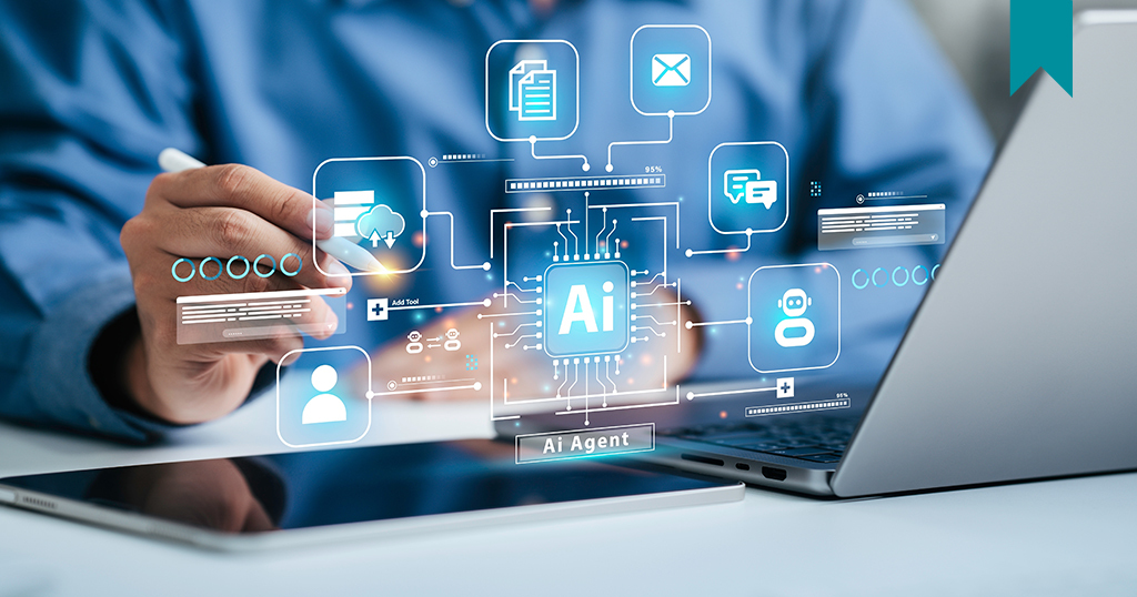 Landlord Lessons: AI Secrets for Landlords represented by man on laptop with floating AI icons.
