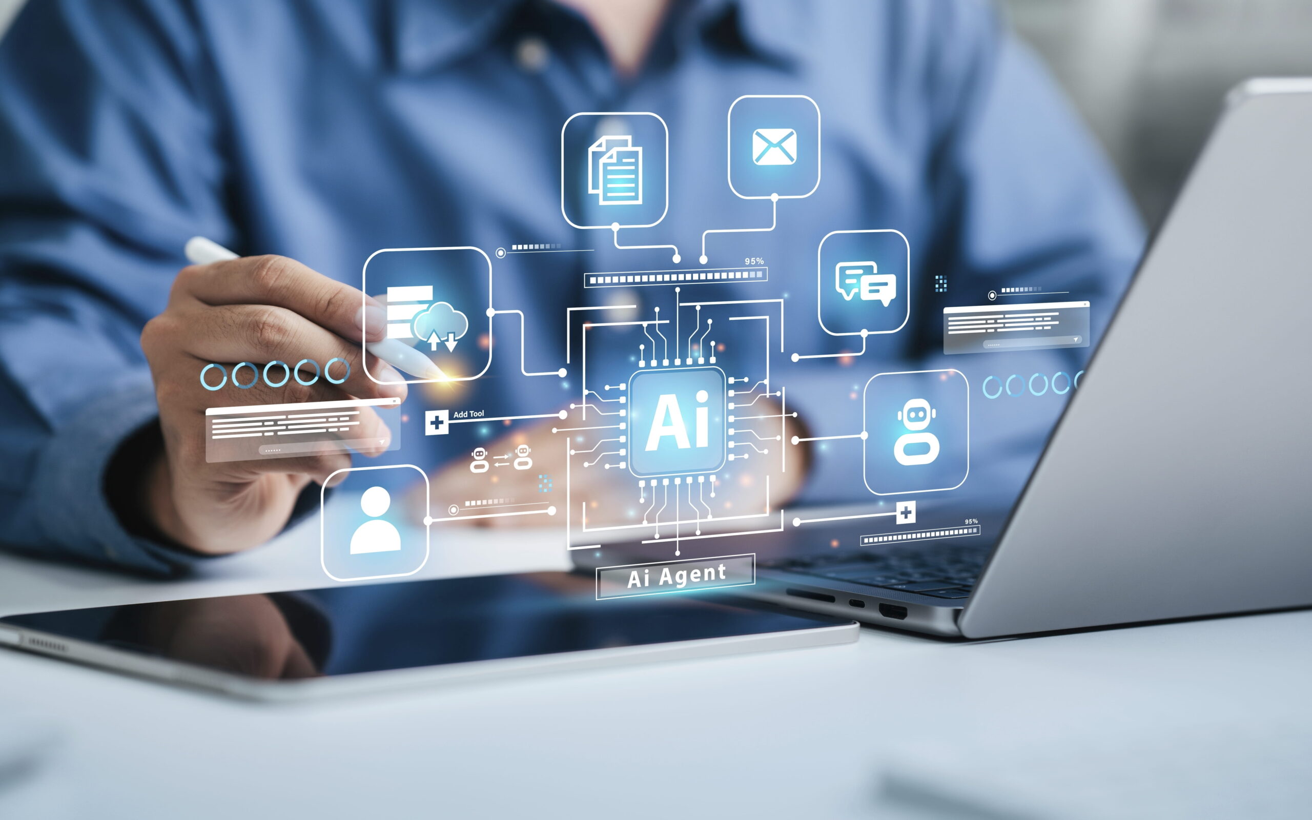 Landlord Lessons: AI Secrets for Landlords represented by man on laptop with floating AI icons.