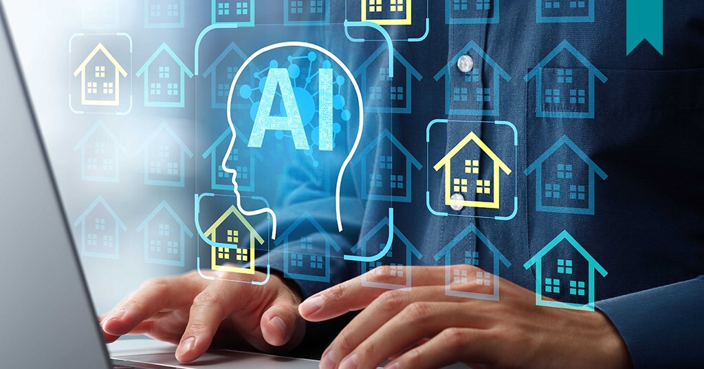 Landlord typing on computer with floating digital home icons and AI inside a human brain.