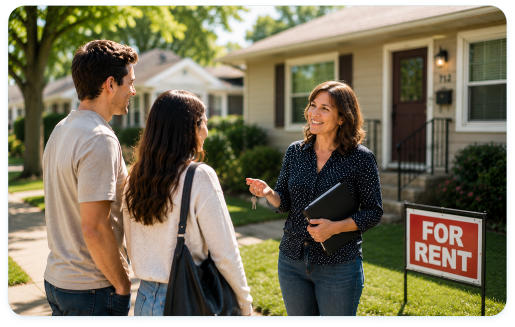 Female Landlord handing keys to husband and wife Tenant.