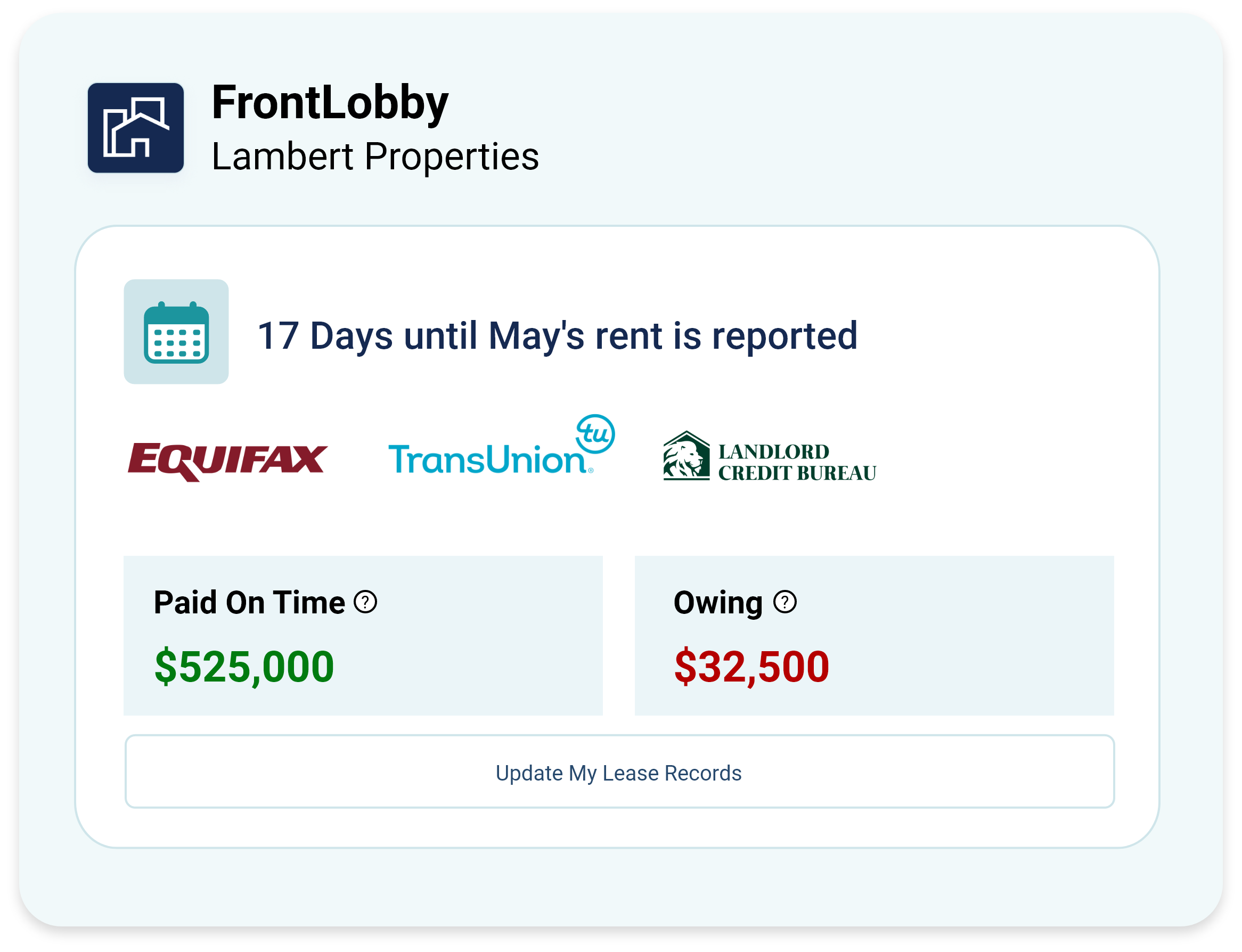 Rent Reporting example for FrontLobby Canada