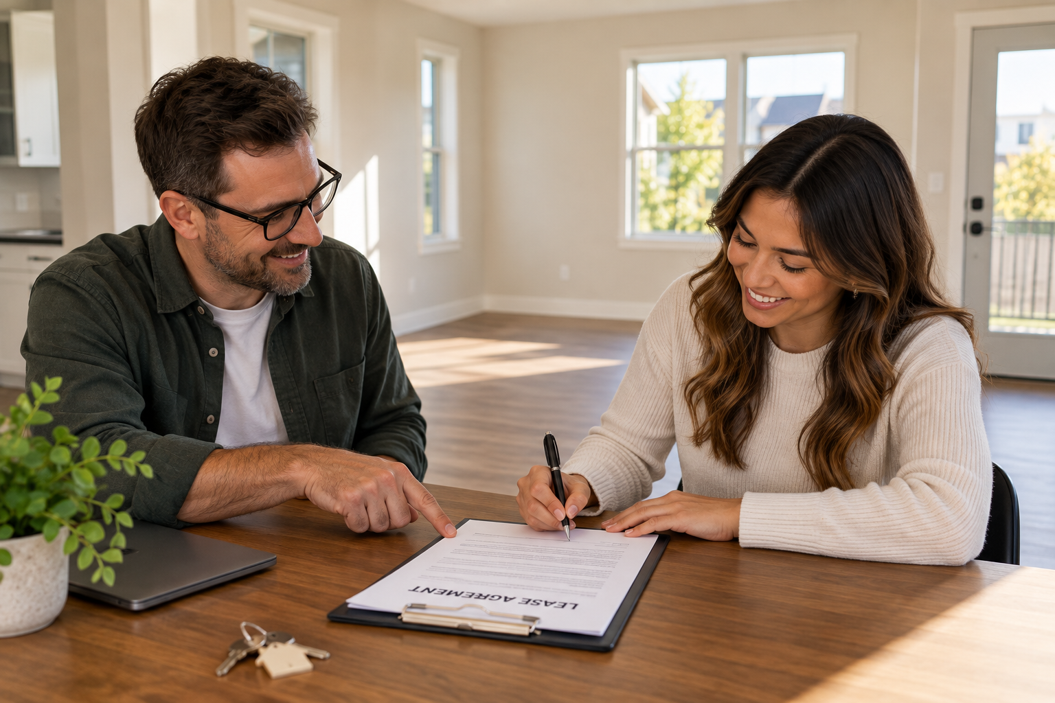 A Landlord and Tenant review and sign a lease agreement at a table.
