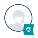 Custom icon image of happy female Alberta tenant with diamond image in right corner of circle representing tenant that is rent reporting.