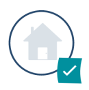 Custom FrontLobby ongoing assurance home icon with checkmark in right corner of circle representing rent reporting assurance for Alberta landlords.