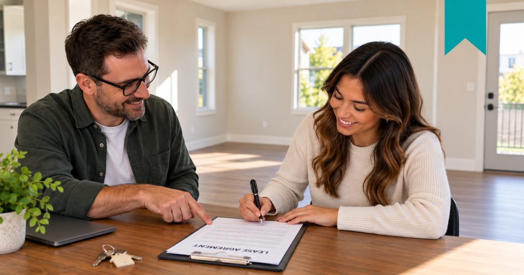 A Landlord and Tenant review and sign a lease agreement at a table.